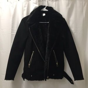 Biker jacket in faux suede with collar in faux fur